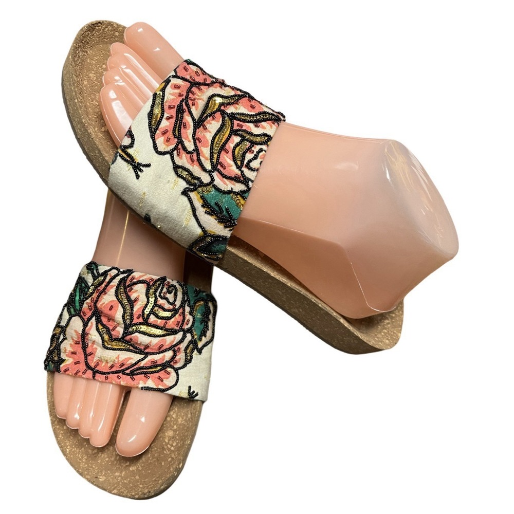 Figue Designer Sandals 8.5-9 Slides Beaded Sequined Rose Pattern Neiman Barneys